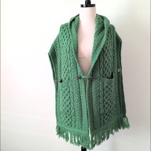SAOL Ireland Green Cable Knit Merino Wool Hooded Cardigan Shawl Vest Fringe OS